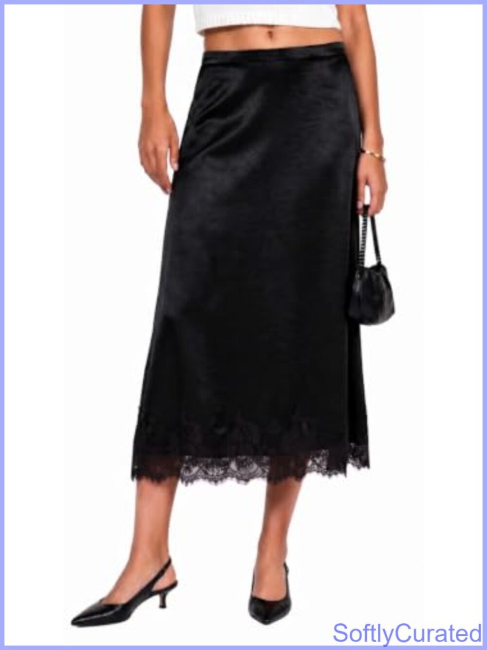 Satin Lace Trim Midi Skirt Elastic Waist A-Line Flowy